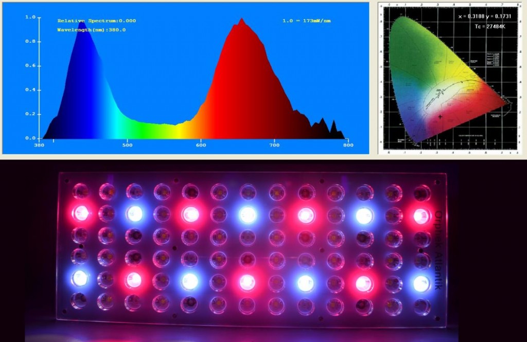 சேனல் 4 2 வெள்ளை UV/வயலட் 18K LEDகள் (410nm) 5 வெள்ளை வயலட் 6.5K LEDகள் (420-430nm) 7 அகல சிவப்பு LEDகள்