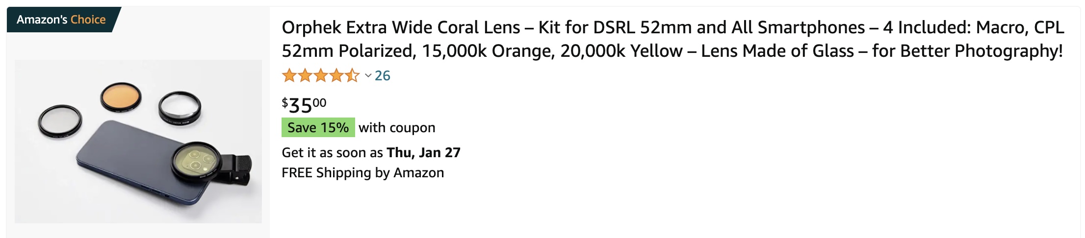 CPL 52mm Polarized 15,000k Orange 20,000k Yellow – Lens Made of Glass – for Better Photography! Orphek Extra Wide Coral Lens – Kit for DSRL 52mm and All Smartphones – 4 Included: Macro 